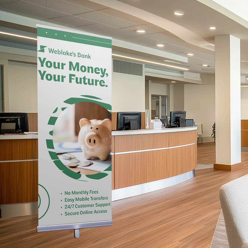 The economy plus retractor banner kit shown in use at a bank lobby