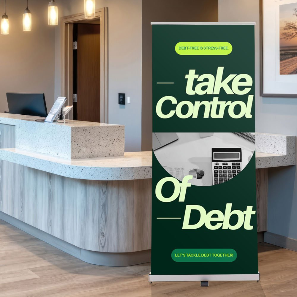 Ideal Retractor Banner shown in 33.5 inch size displayed in a credit union