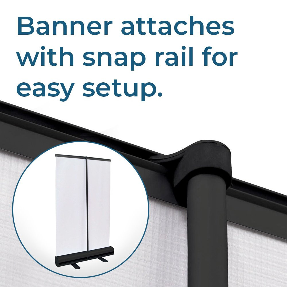 The tabletop economy retractor banner attaches with snap rail for easy setup