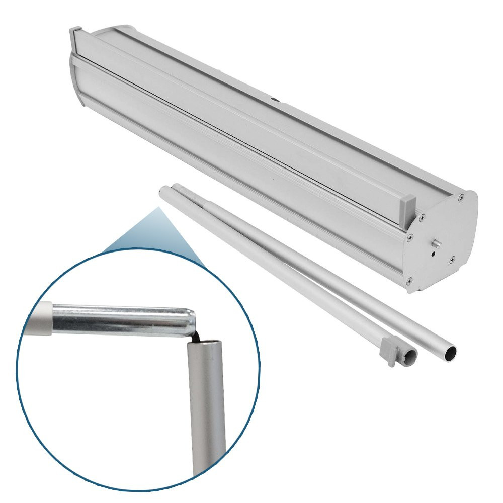 The tabletop economy retractor banner comes with silver hardware