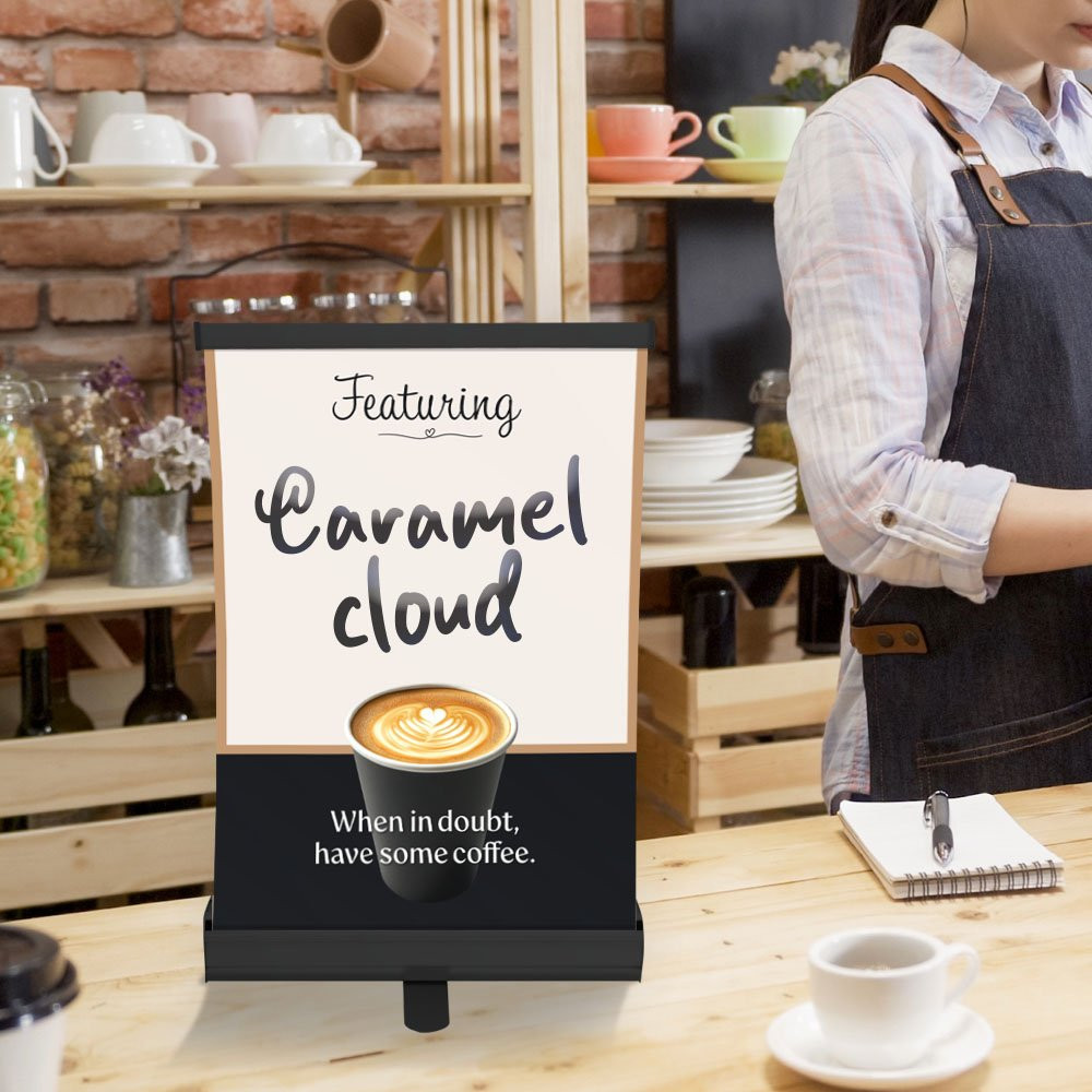 Tabletop economy retractor banner kit shown in use at a cafe