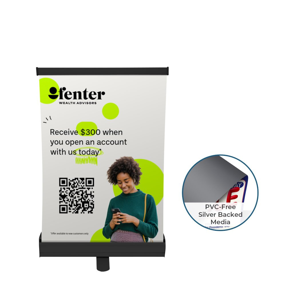 Tabletop economy retractor banner shown with no-curl hybrid media