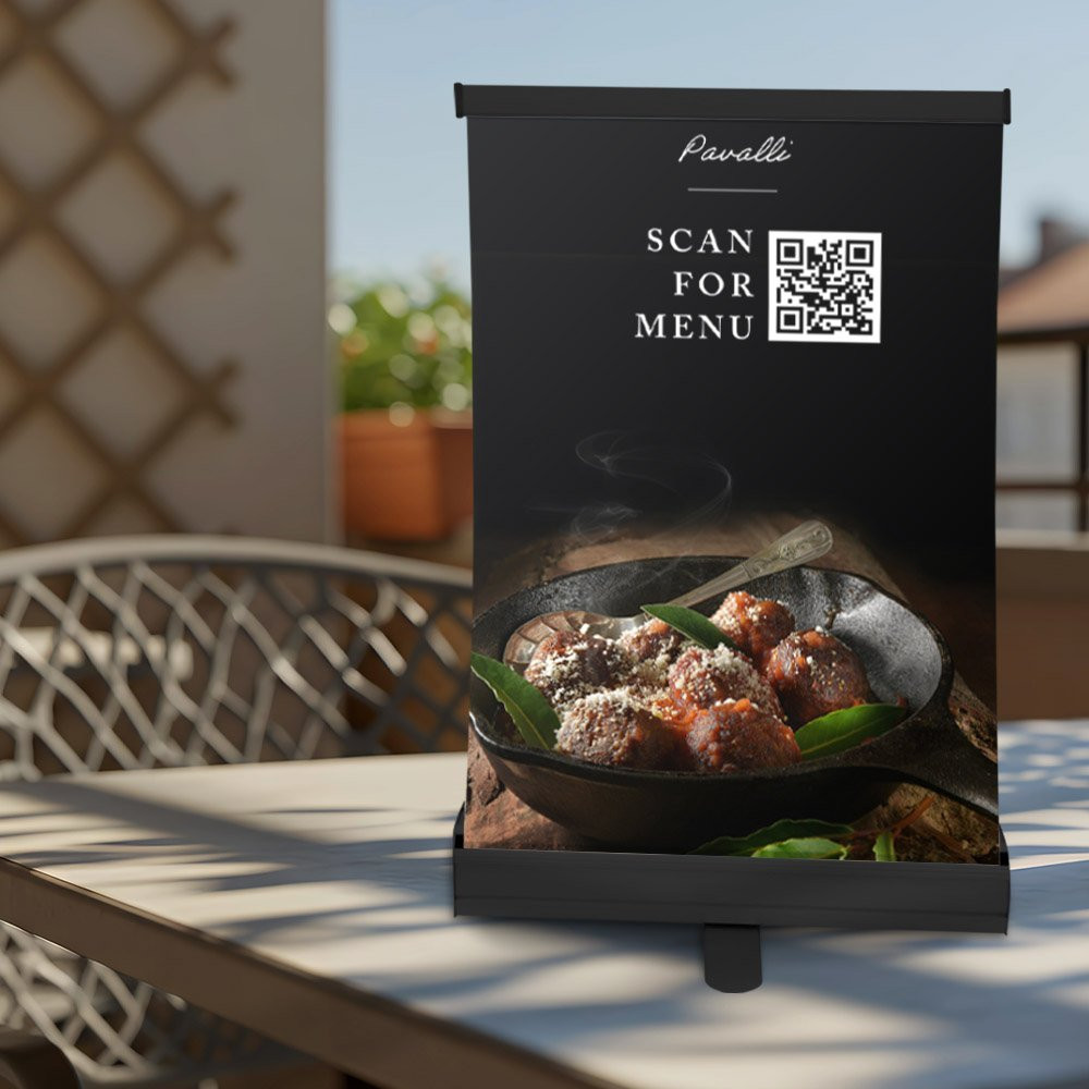 Tabletop economy retractor banner kit shown in use at a restaurant