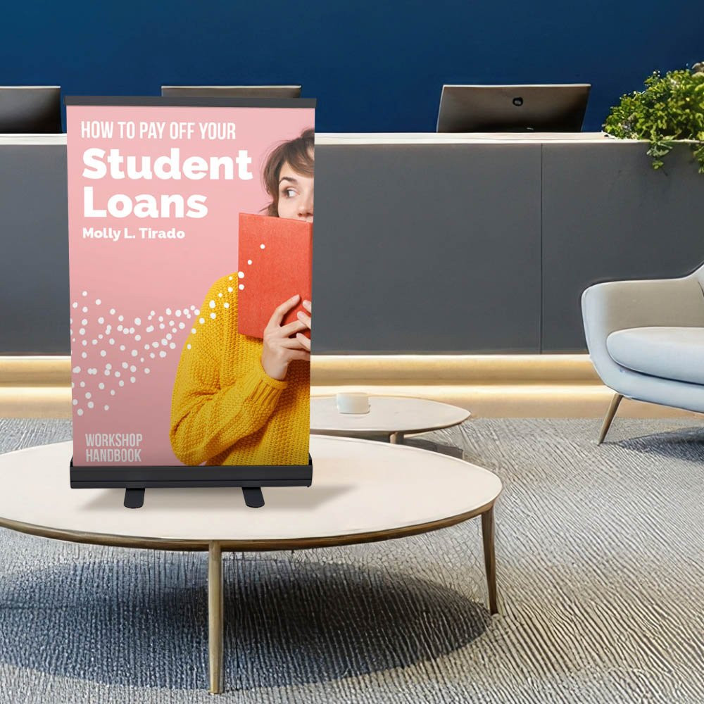 Tabletop economy retractor banner kit shown in use at a lounge