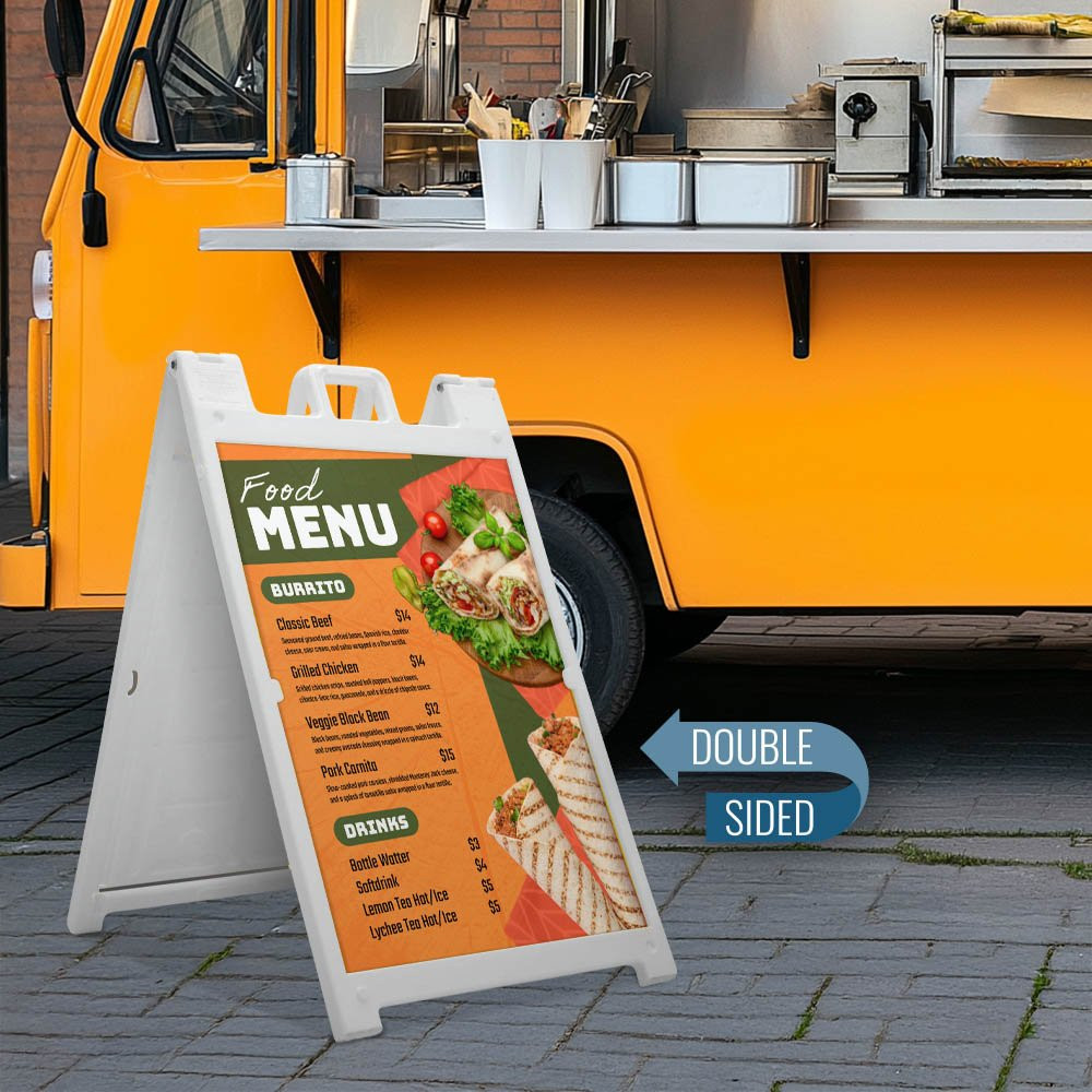 The Signicade Deluxe A Frame Sign with Double-sided option and white frame shown in use