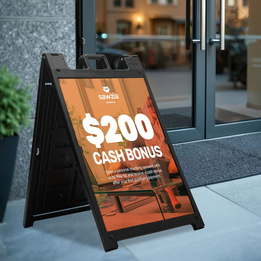 The Signicade Deluxe A Frame Sign with single-sided option and black frame shown in use