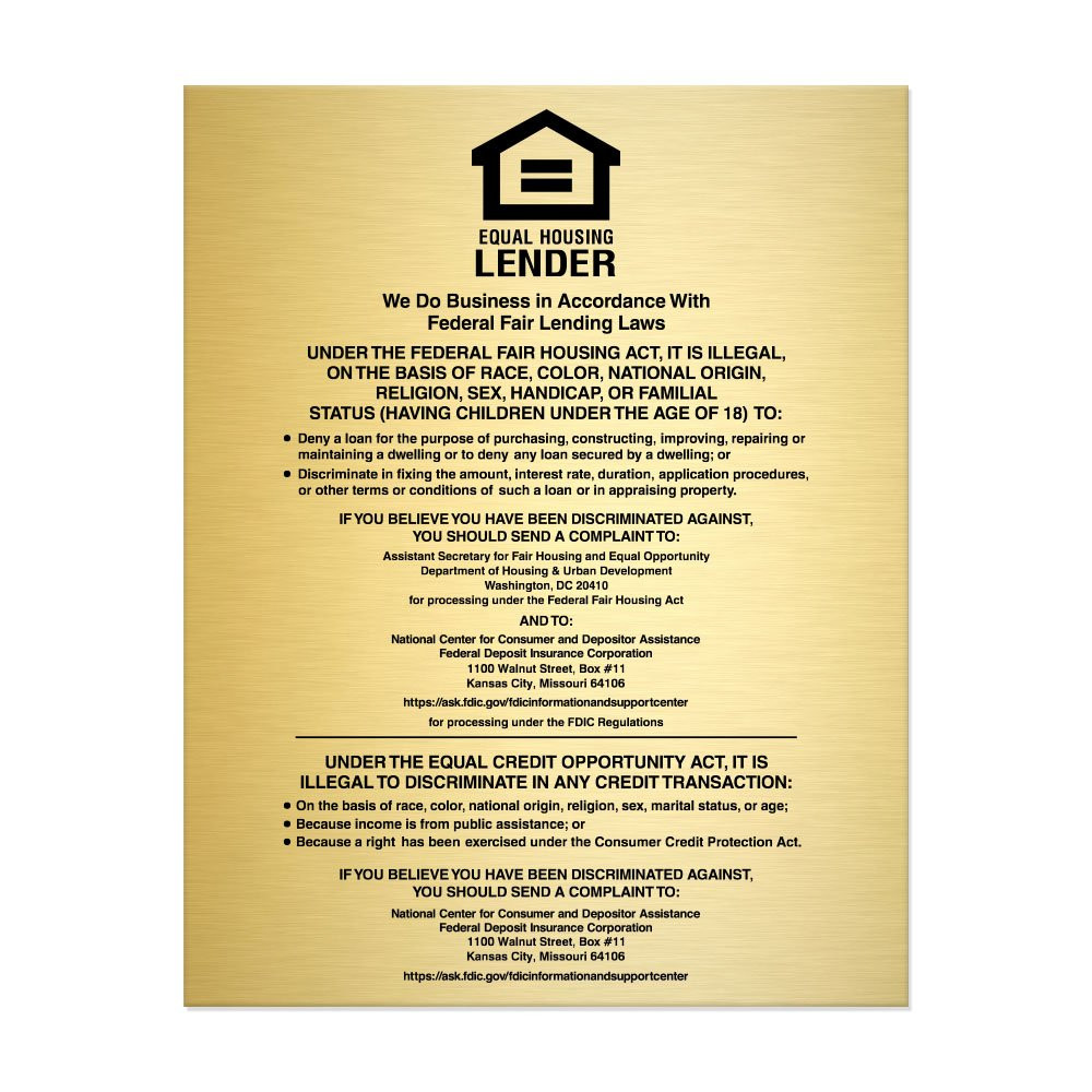 Gold Equal Housing Lender Wall Sign (FDIC) 11W x 14H