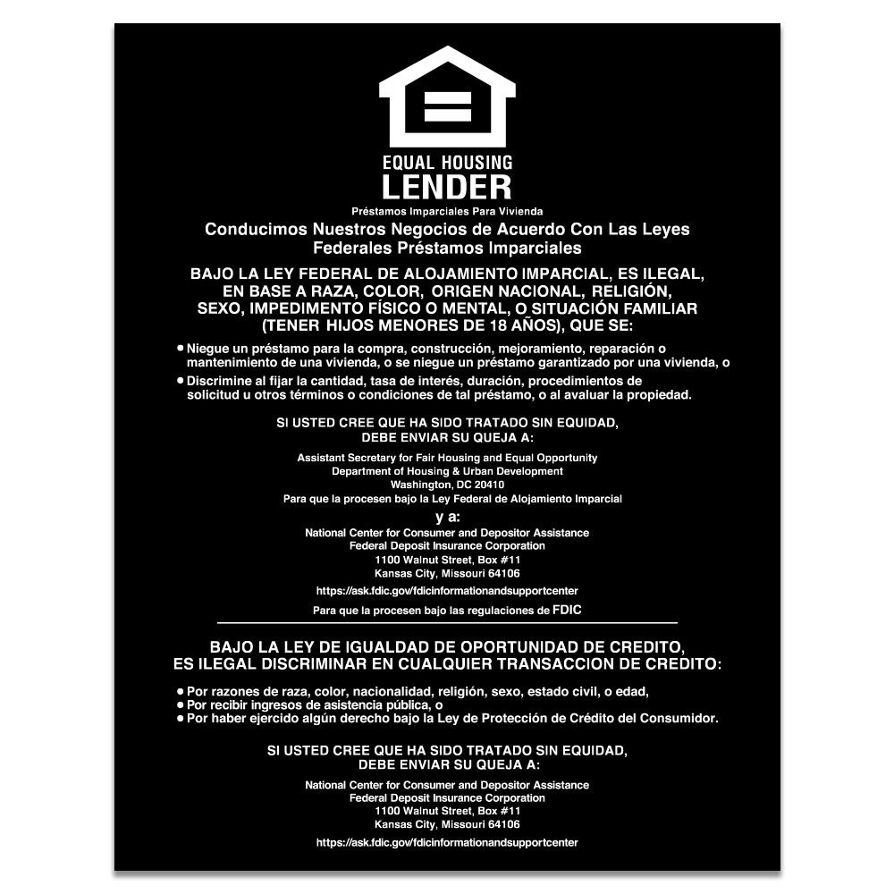 Spanish Equal Housing Lender Wall Sign (FDIC), 11W x 14H Matte Black w/ Velcro - Made-to-Order