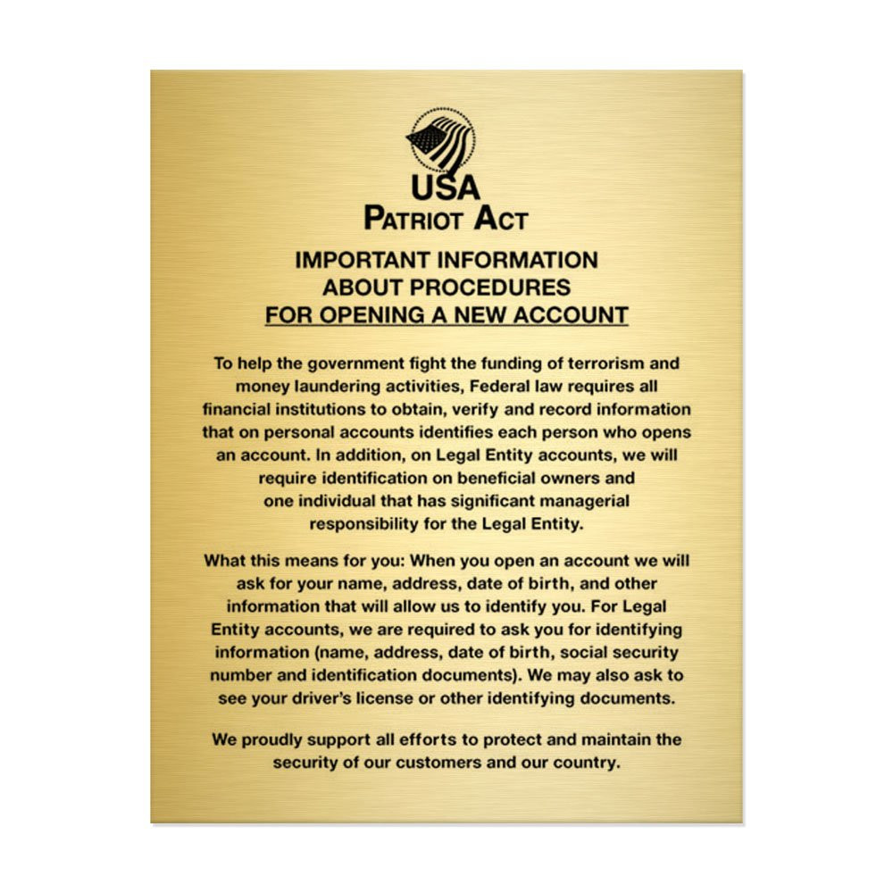 Gold Patriot Act (Personal/ Business Account) 11W x 14H Wall Sign