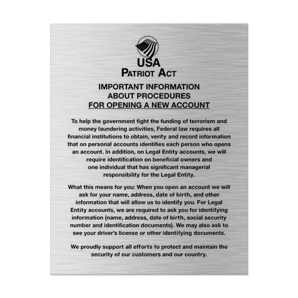 Silver Patriot Act (Personal/ Business Account) 11W x 14H Wall Sign