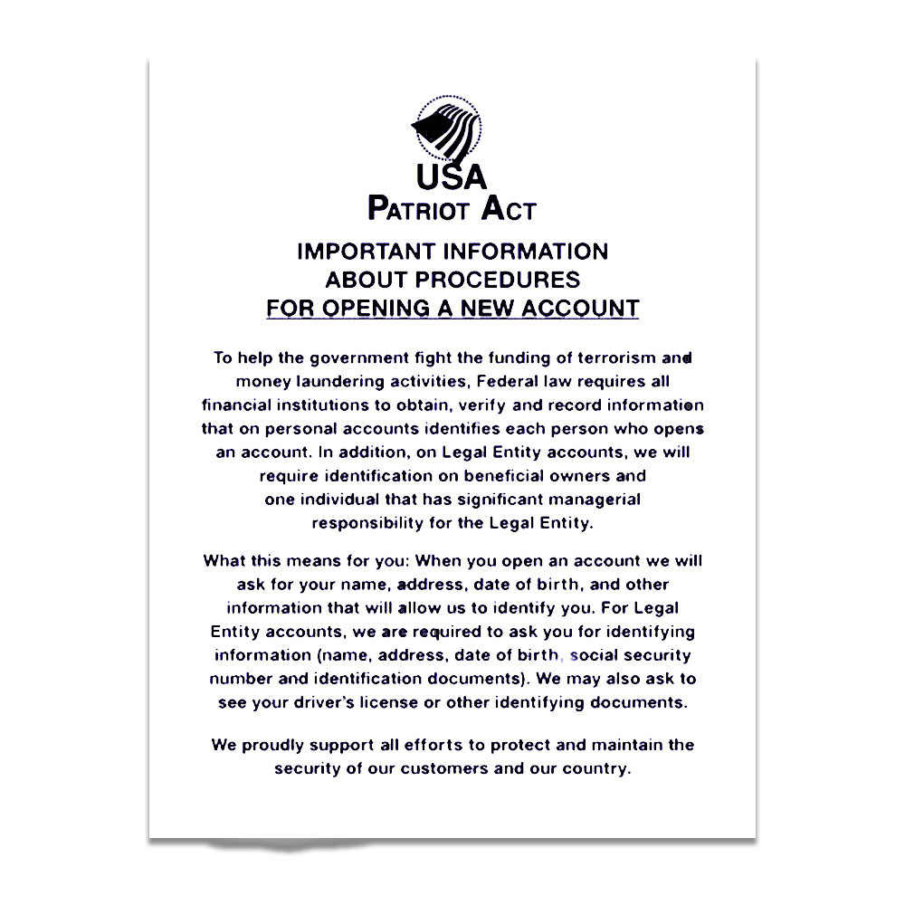 2018 Patriot Act (Personal/ Business Account) 11W x 14H - White 