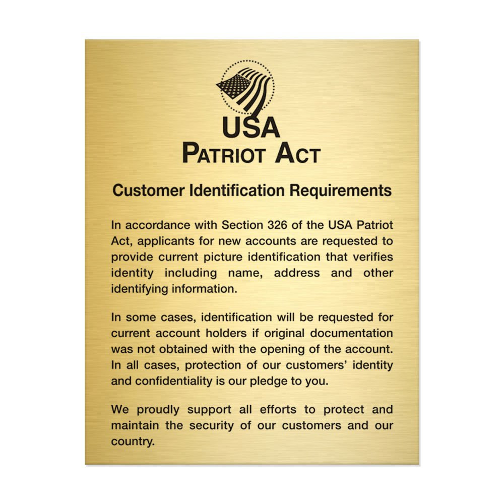 Gold Patriot Act (Customer Identification) 11W x 14H Wall Sign