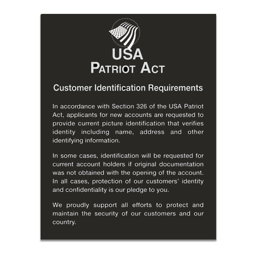 Black Patriot Act (Customer Identification) 11W x 14H Wall Sign
