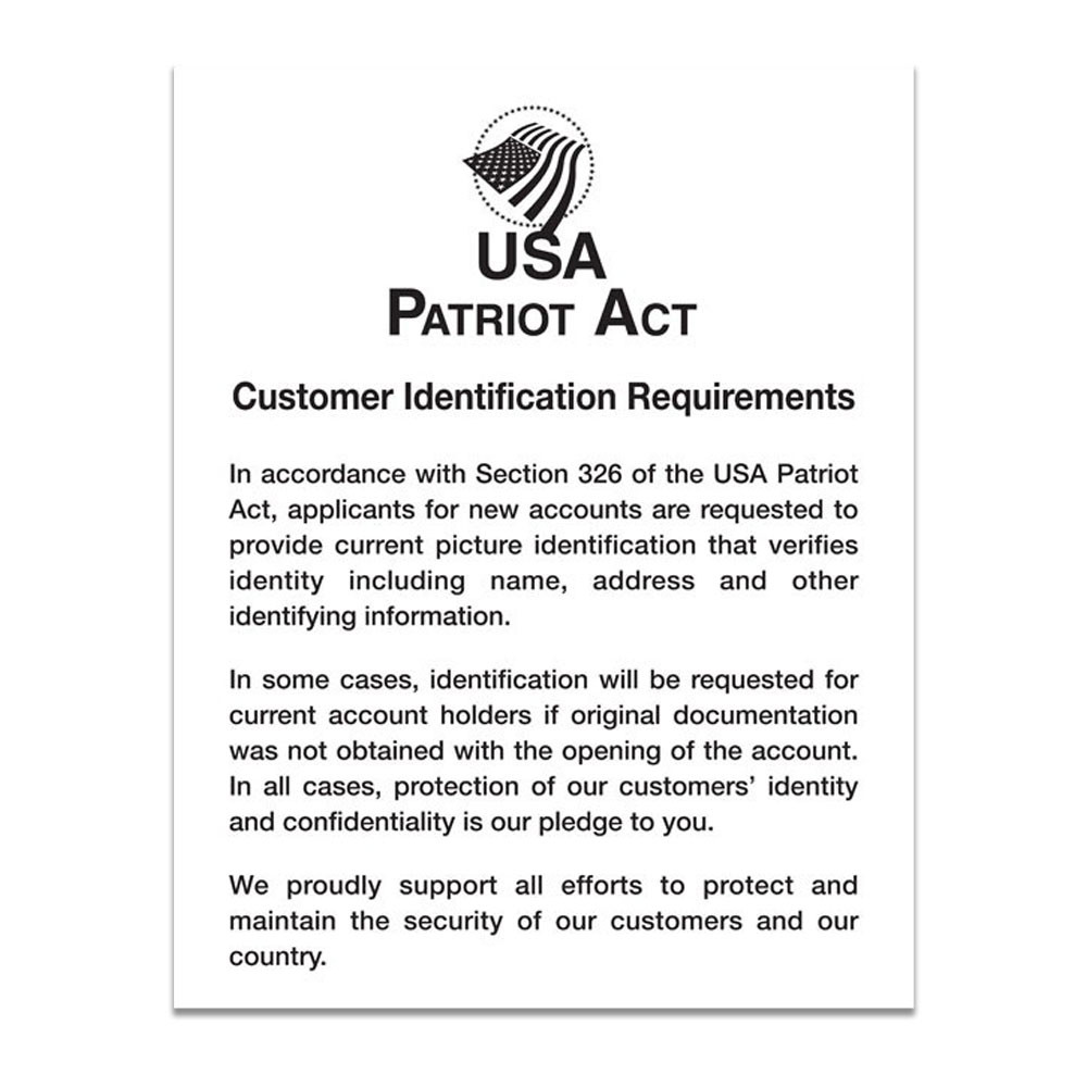 White Patriot Act (Customer Identification) 11W x 14H Wall Sign