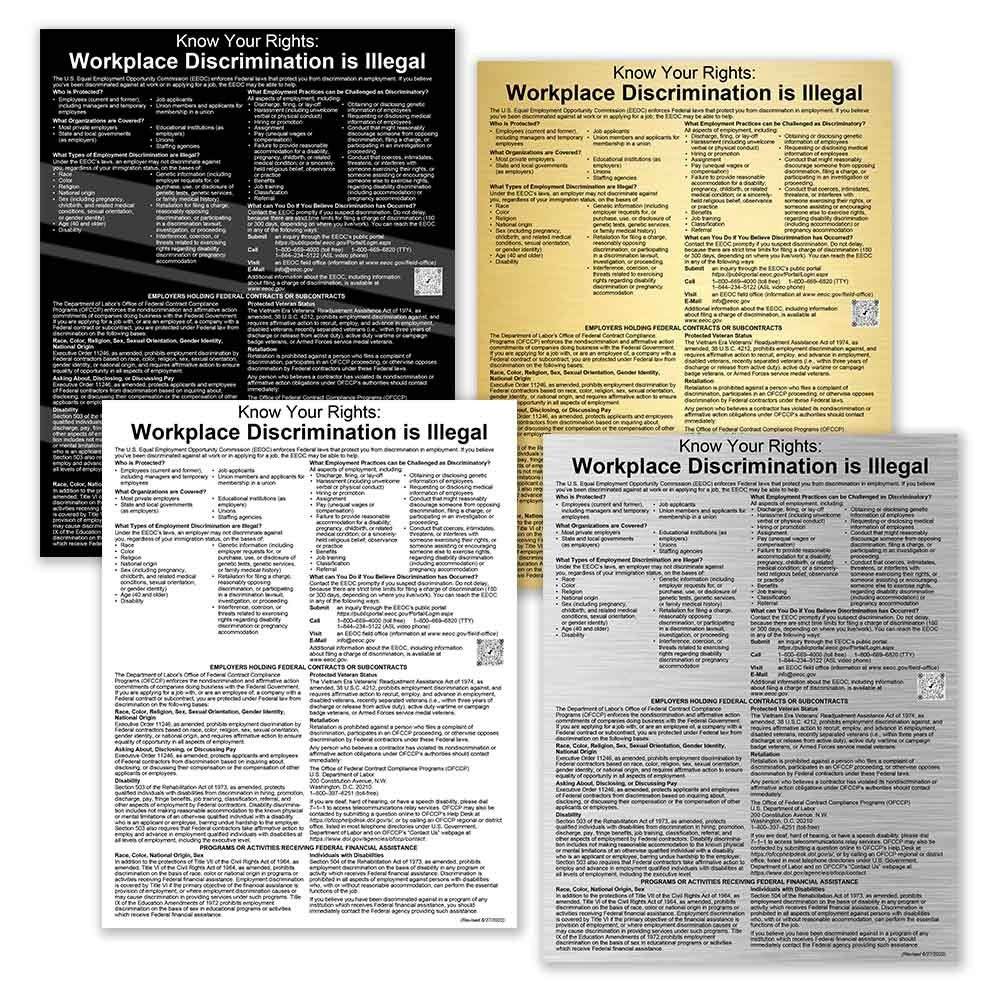 Main image - Equal Employment Opportunity (English) 11W x 14H - -	All color options shown - gold with black text, black with white text, silver with black text, and white with black text