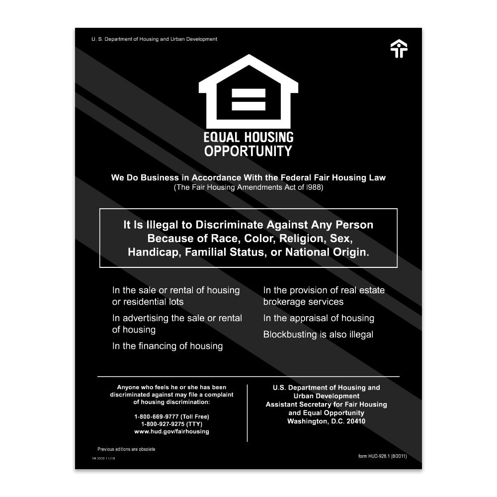 11W x 14H Fair Housing and Equal Opportunity Sign Shown in Gloss Black 