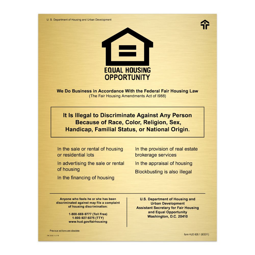 11W x 14H Fair Housing and Equal Opportunity Sign Shown in Gold