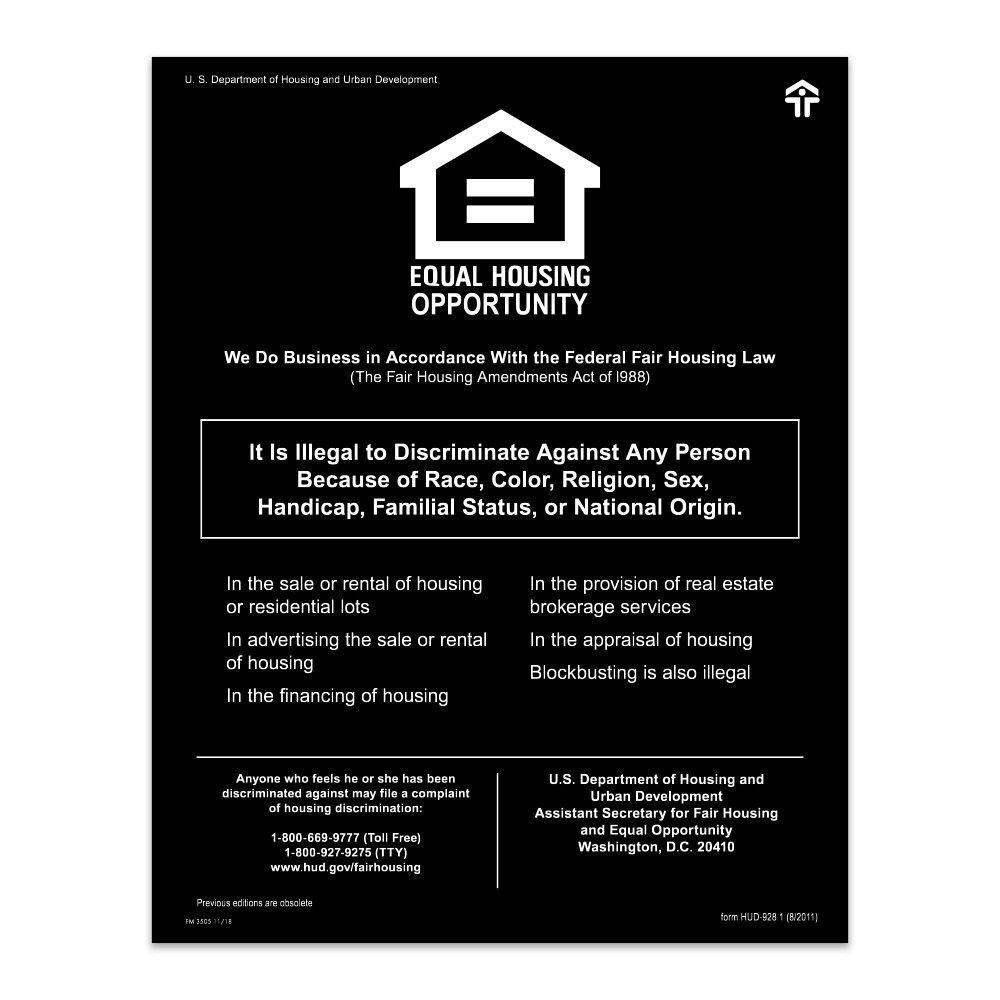 11W x 14H Fair Housing and Equal Opportunity Sign Shown in Matte Black