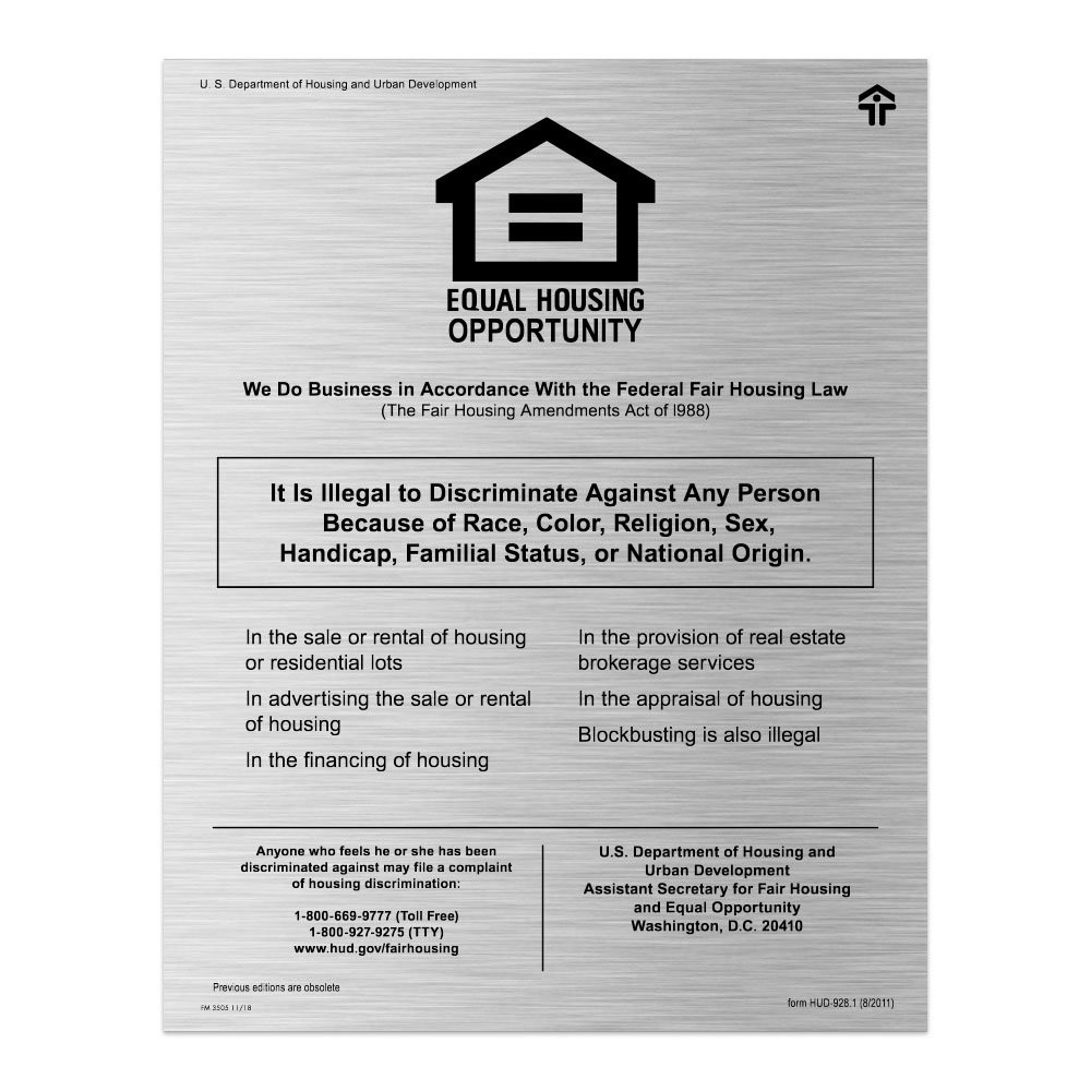 11W x 14H Fair Housing and Equal Opportunity Sign Shown in Silver