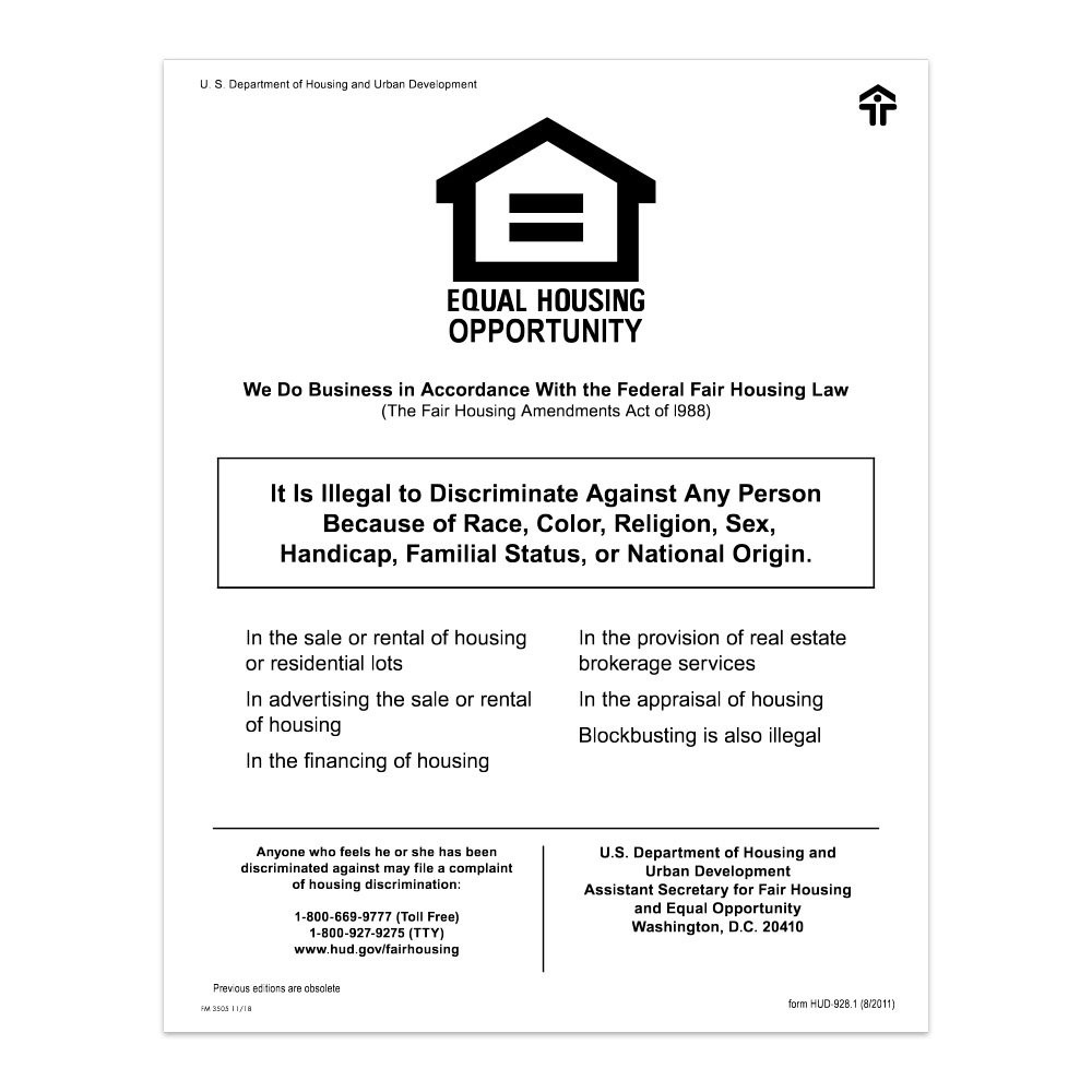 11W x 14H Fair Housing and Equal Opportunity Sign Shown in White
