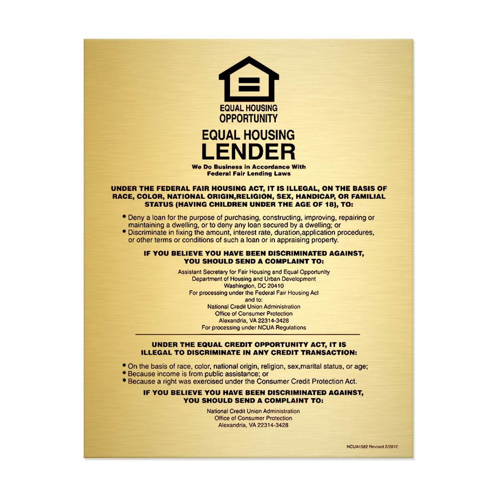 Gold Equal Housing Lender Wall Sign (NCUA) 11W x 14H