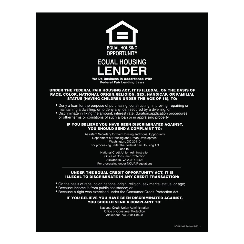 Black Equal Housing Lender Wall Sign (NCUA) 11W x 14H