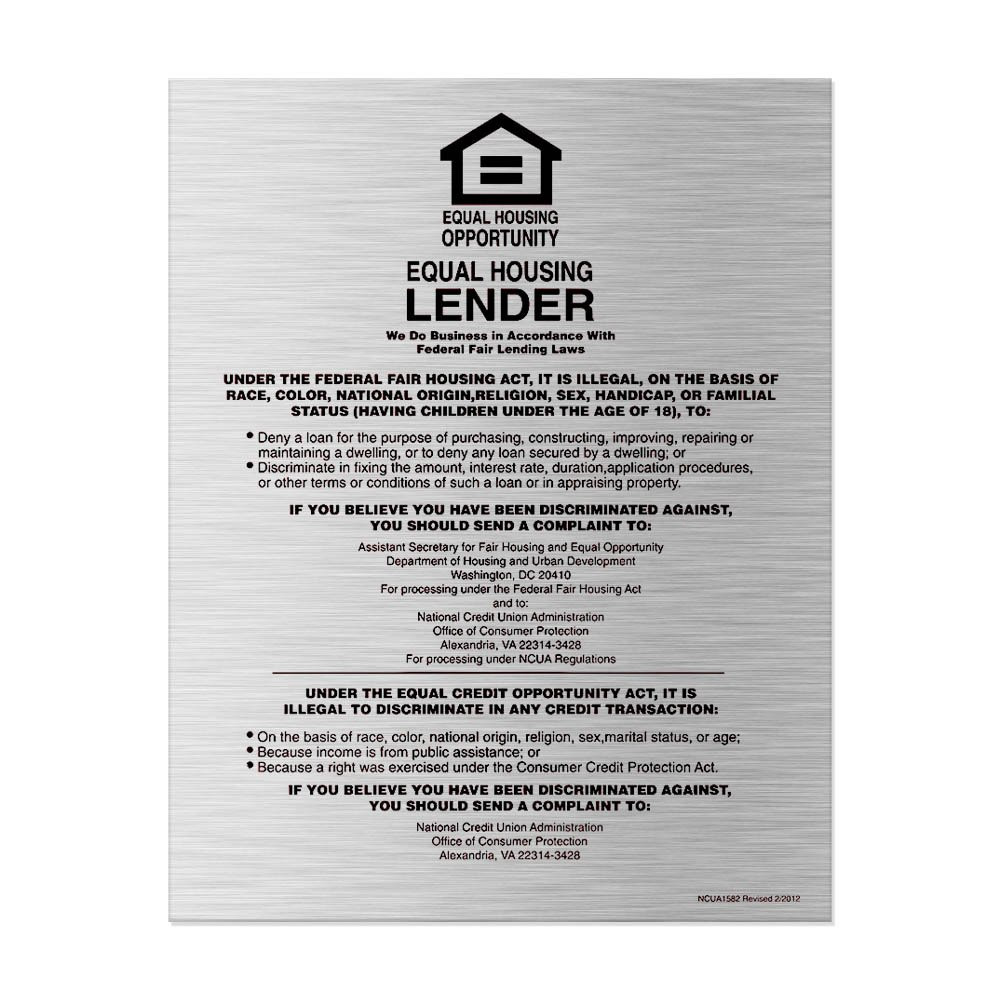 Silver Equal Housing Lender Wall Sign (NCUA) 11W x 14H