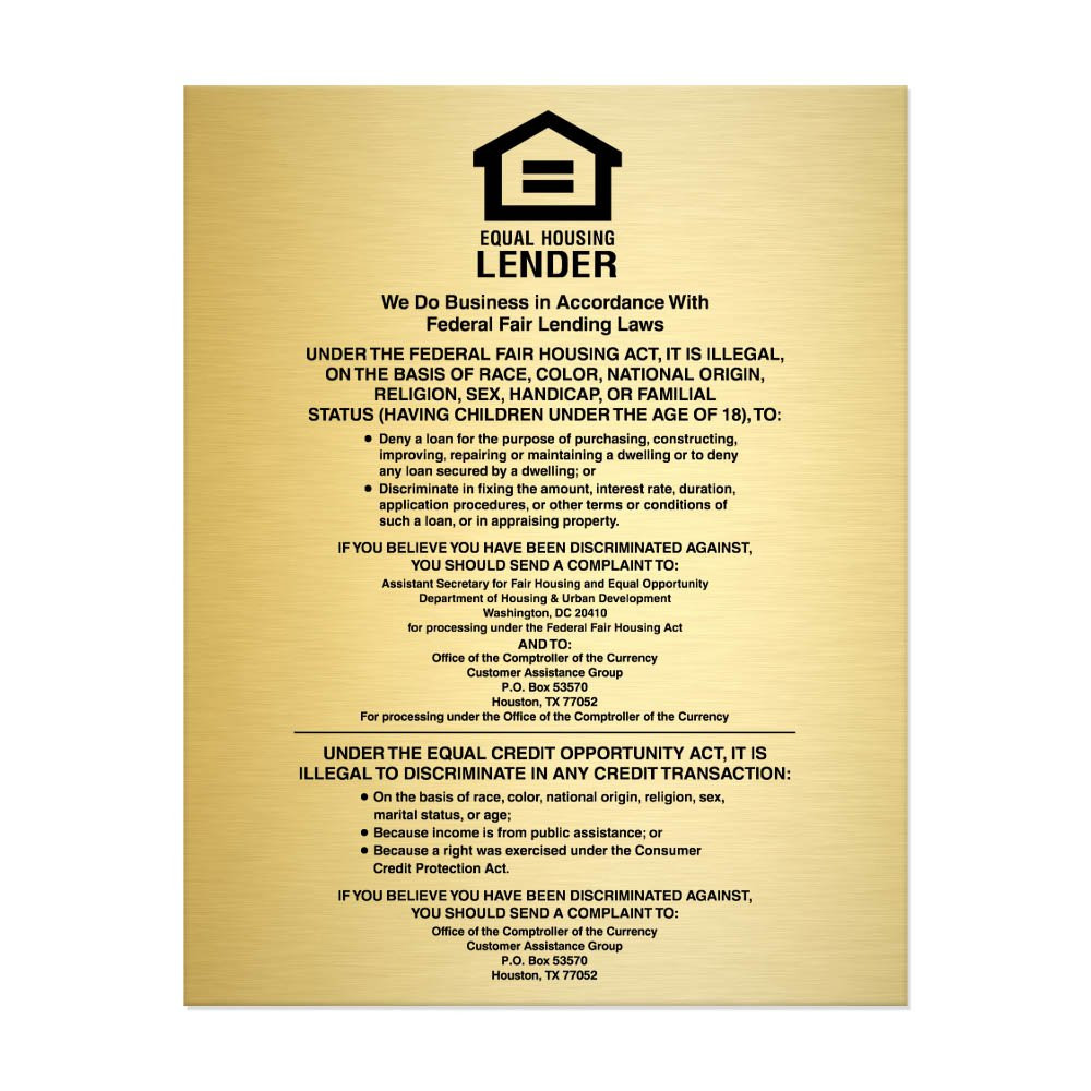 11W x 14H  Equal Housing Lender Wall Sign (National Banks) Shown in Gold with Black Text