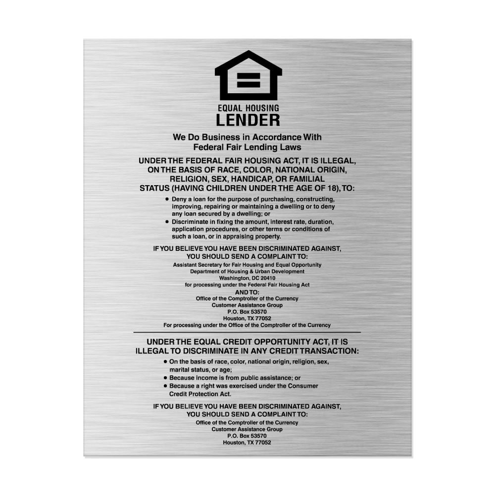 11W x 14H  Equal Housing Lender Wall Sign (National Banks) Shown in Silver With Black