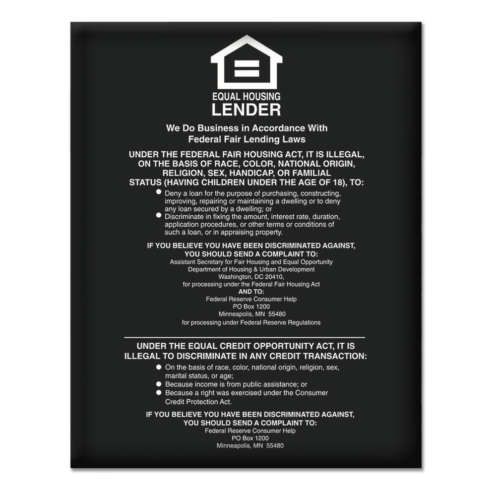 Black Equal Housing Lender Wall Sign (Federal Reserve) 11W x 14H