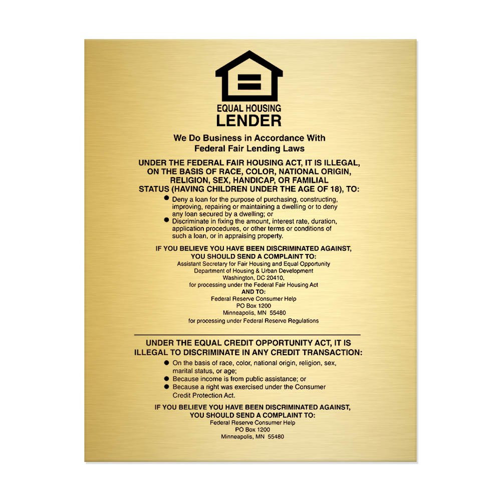 Gold Equal Housing Lender Wall Sign (Federal Reserve) 11W x 14H