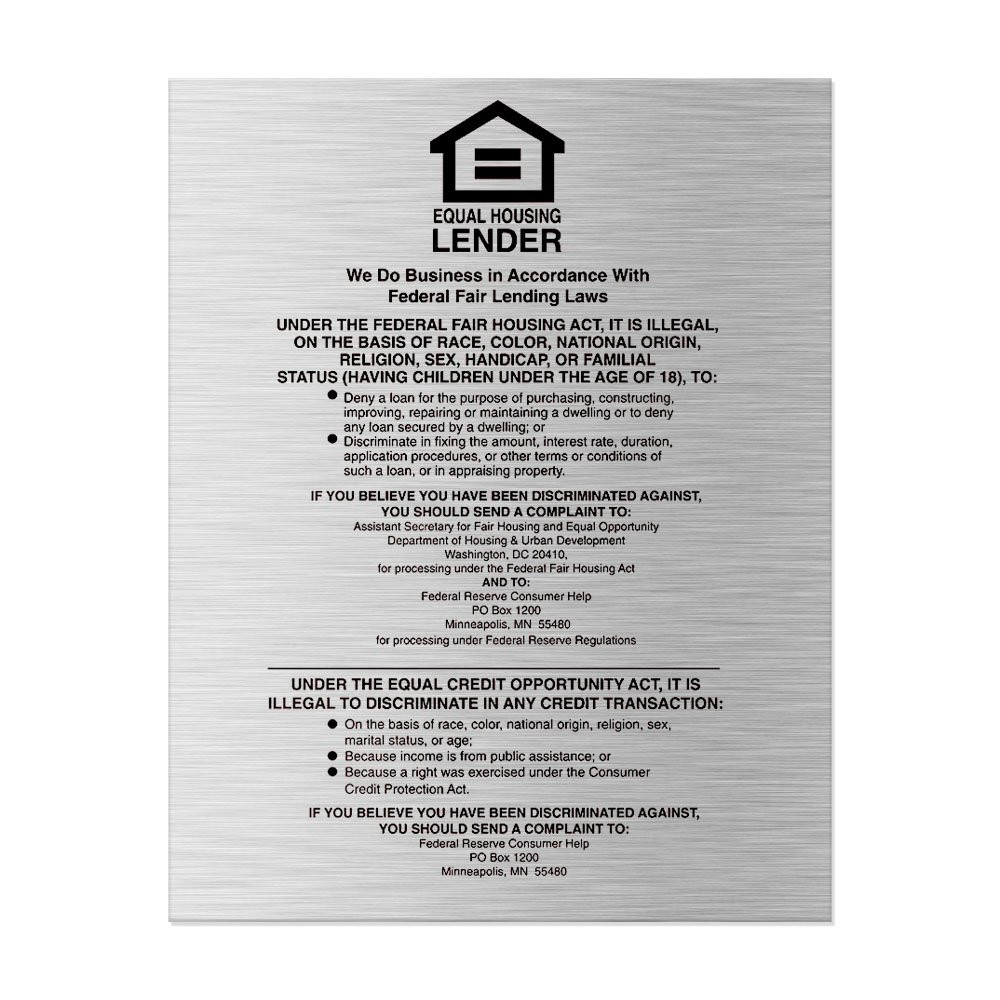 Silver Equal Housing Lender Wall Sign (Federal Reserve) 11W x 14H