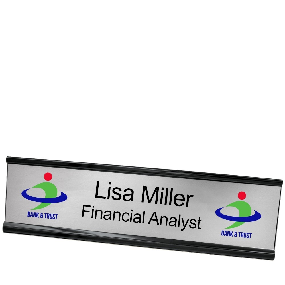 Double Logo w/ 2 Custom Line Name Plate - 10W x 2H - Black Frame - Silver w/ Black Edge