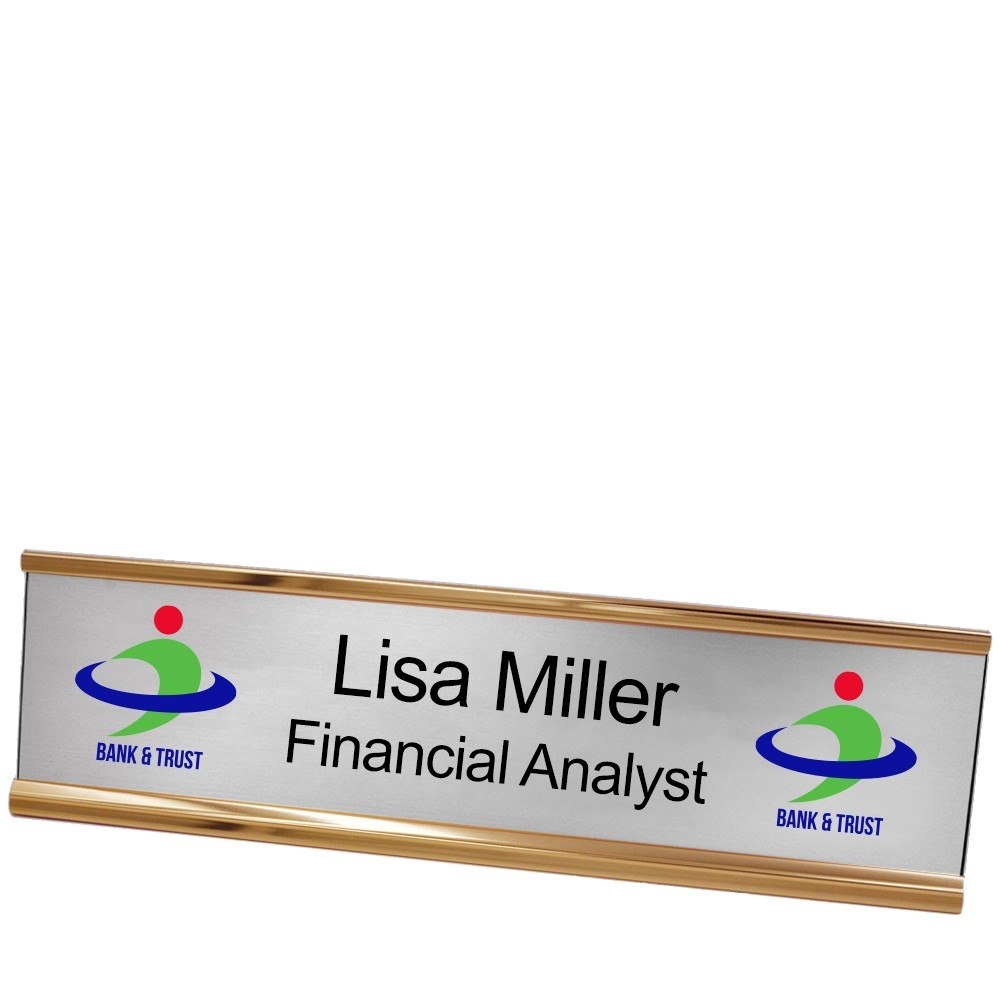 Double Logo w/ 2 Custom Line Name Plate - 10W x 2H - Rose Gold Frame - Silver w/ Black Edge