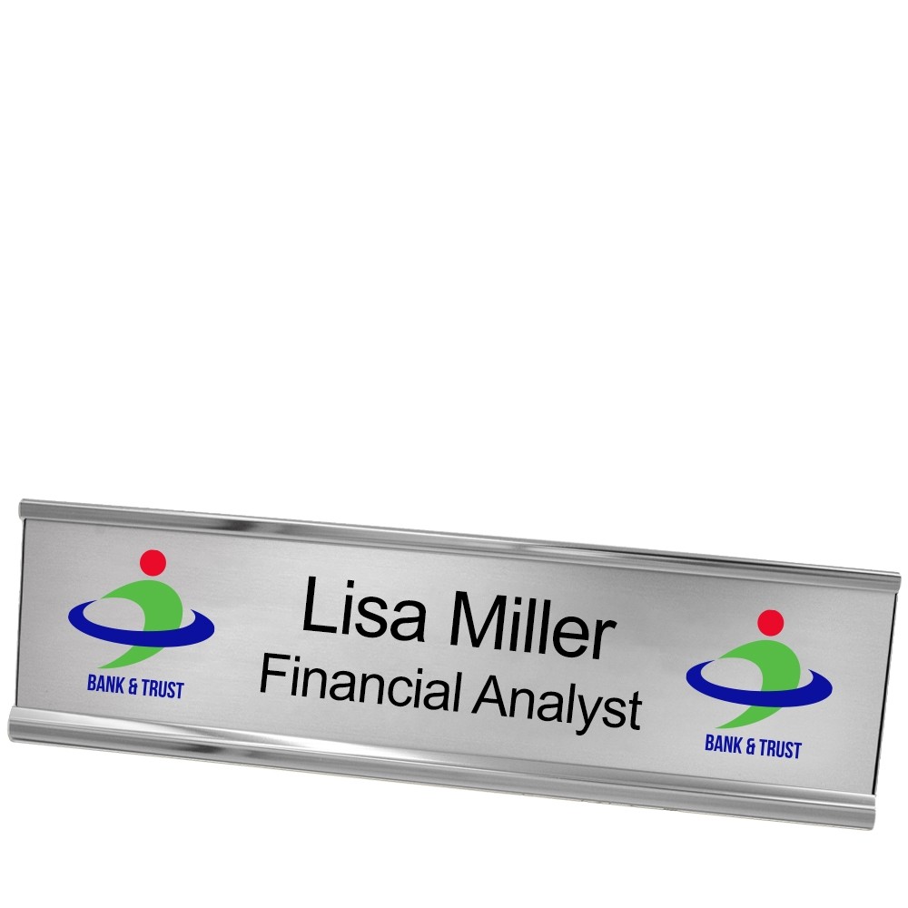 Double Logo w/ 2 Custom Line Name Plate - 10W x 2H - Silver Frame - Silver w/ Black Edge