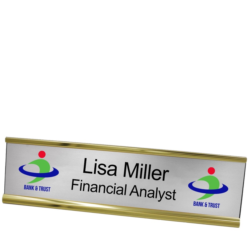 Double Logo w/ 2 Custom Line Name Plate - 10W x 2H - Yellow Gold Frame - Silver w/ Black Edge