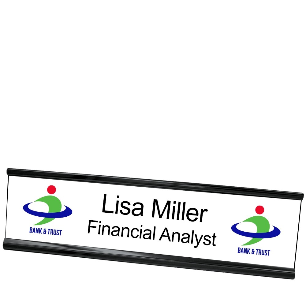 Double Logo w/ 2 Custom Line Name Plate - 10W x 2H - Black Frame - White w/ Black Edge