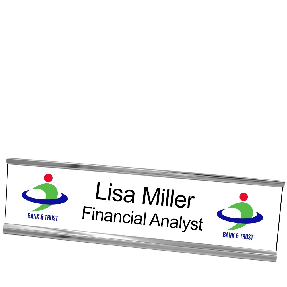 Double Logo w/ 2 Custom Line Name Plate - 10W x 2H - Silver Frame - White w/ Black Edge