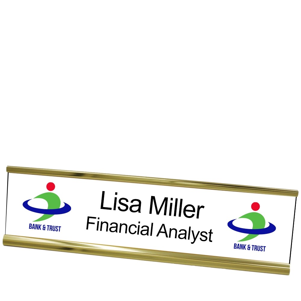 Double Logo w/ 2 Custom Line Name Plate - 10W x 2H - Yellow Gold Frame - White w/ Black Edge