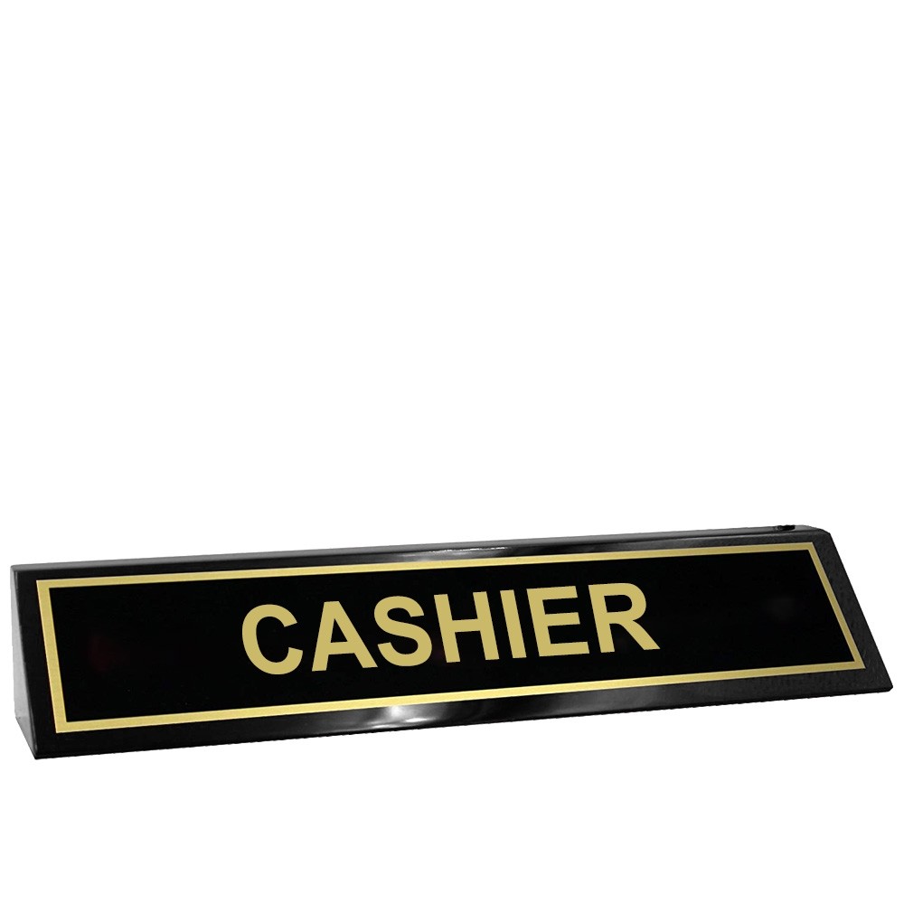 Desk Block - Cashier - 10W x 2H - Black Wood - Black with Gold Text