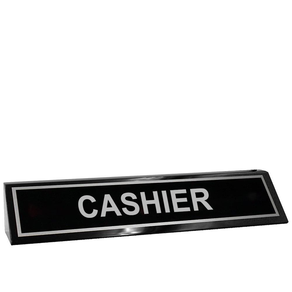 Desk Block - Cashier - 10W x 2H - Black Wood - Black with Silver Text
