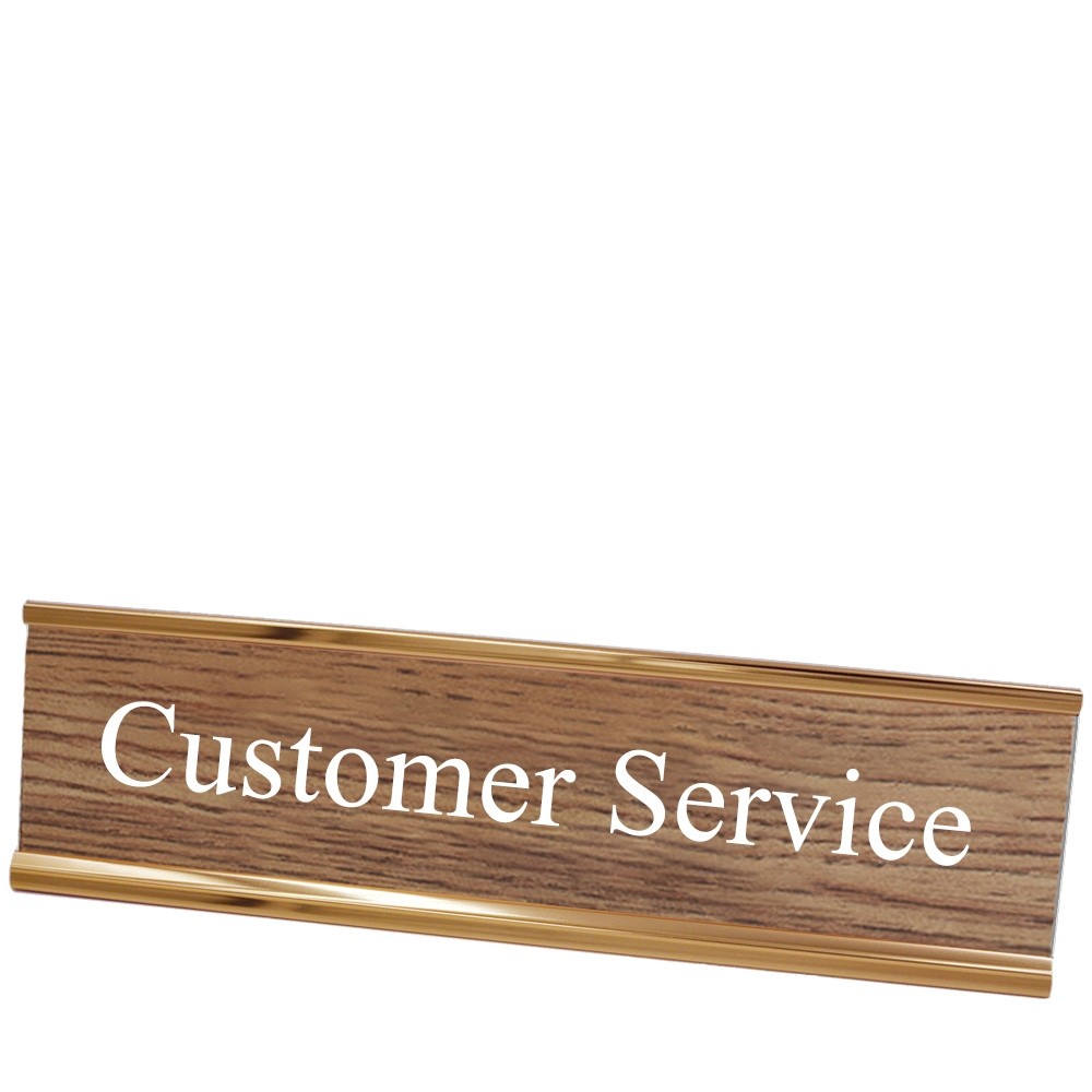 Desk Plate - Customer Service - Walnut w/ White Text - Rose Gold Frame - 8W x 2H