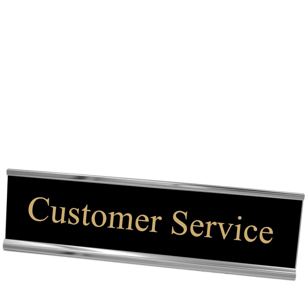 Desk Plate - Customer Service - Black w/ Gold Text - Silver Frame - 8W x 2H 