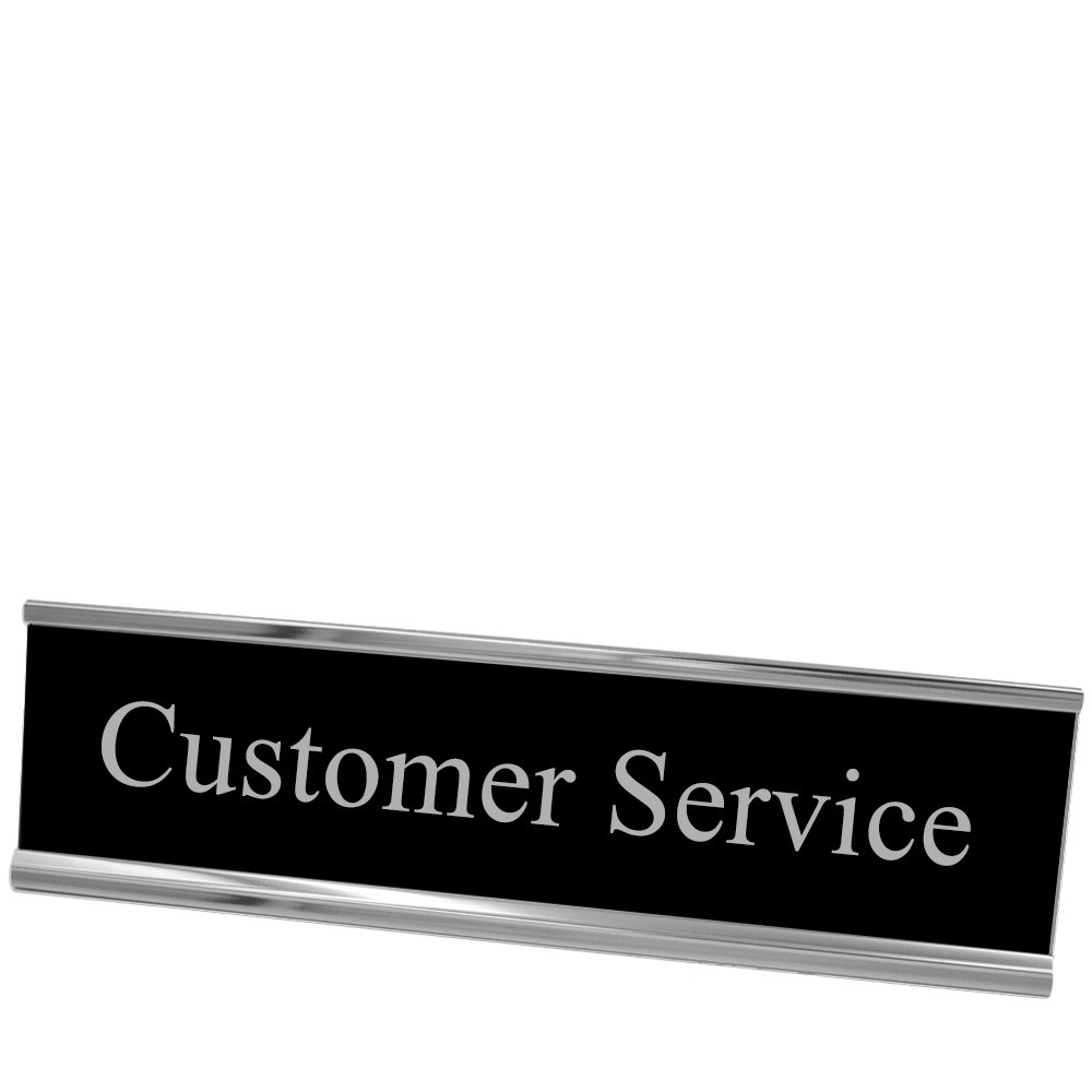 Desk Plate - Customer Service - Black w/ Silver Text - Silver Frame - 8W x 2H 