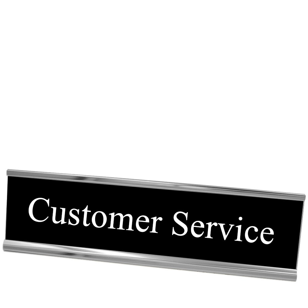 Desk Plate - Customer Service - Black w/ White Text - Silver Frame- 8W x 2H