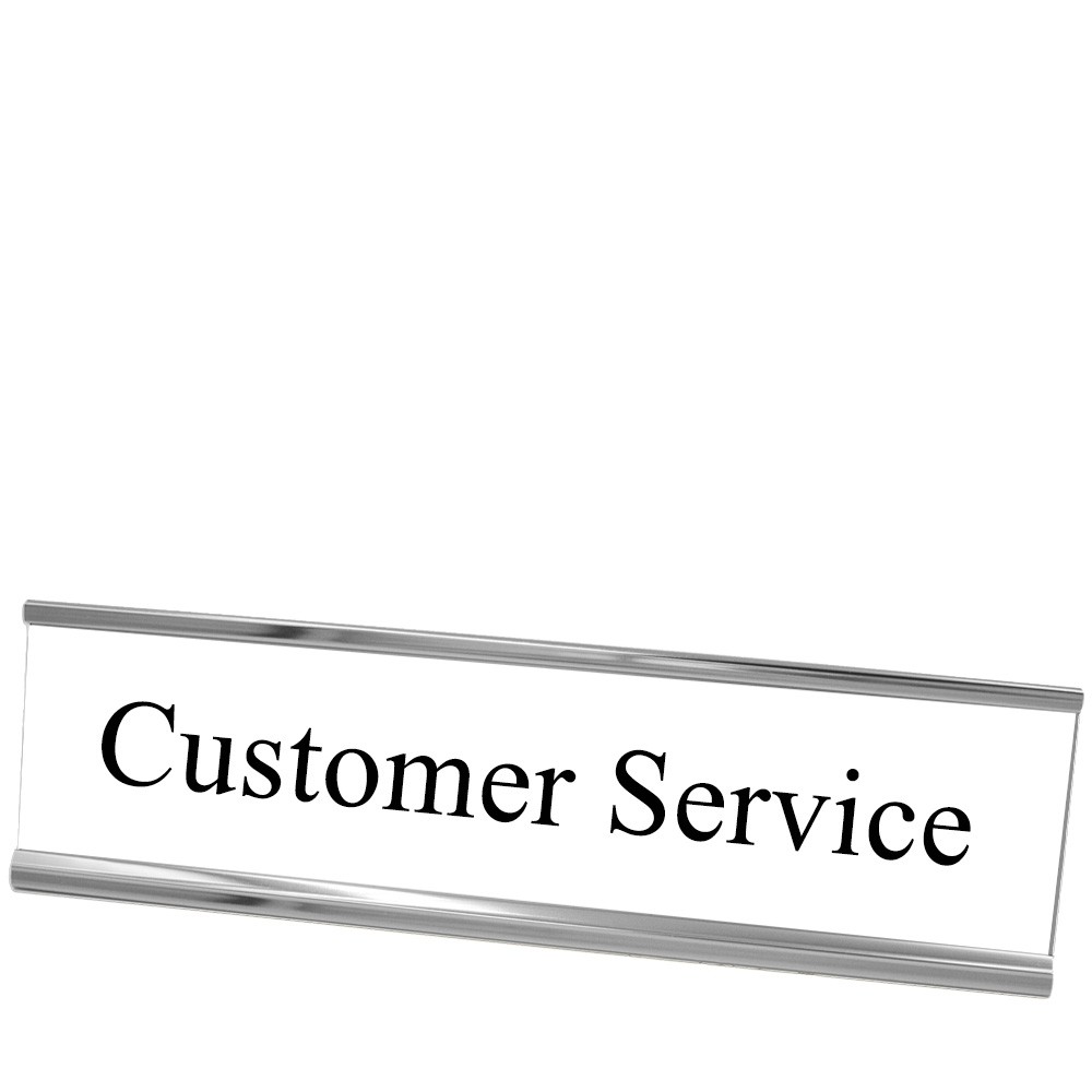 Desk Plate - Customer Service - White w/ Black Text - Silver Frame - 8W x 2H