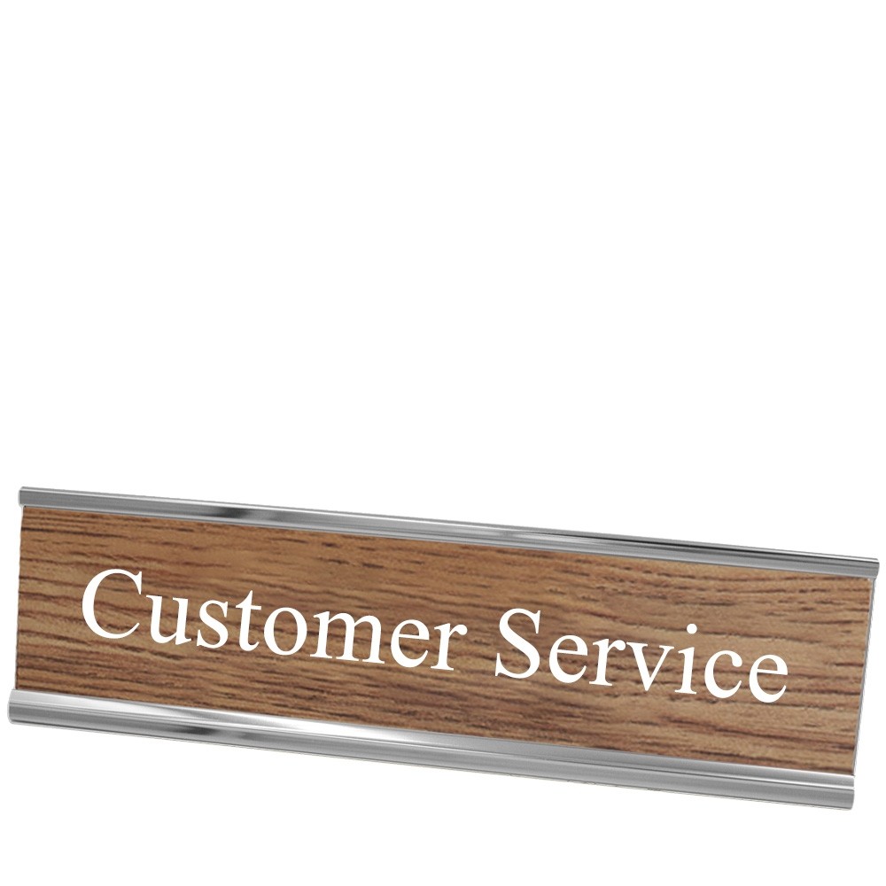 Desk Plate - Customer Service - Walnut w/ White Text - Silver Frame - 8W x 2H