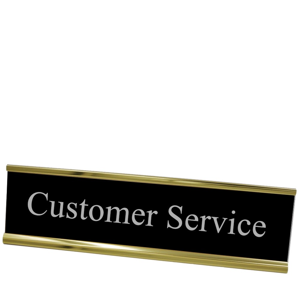 Desk Plate - Customer Service - Black w/ Silver Text - Yellow Gold Frame - 8W x 2H