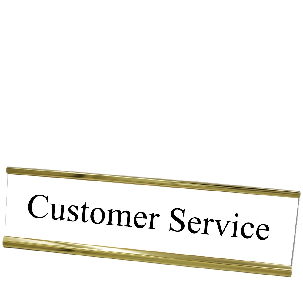 Desk Plate - Customer Service - White w/ Black Text - Yellow Gold Frame - 8W x 2H