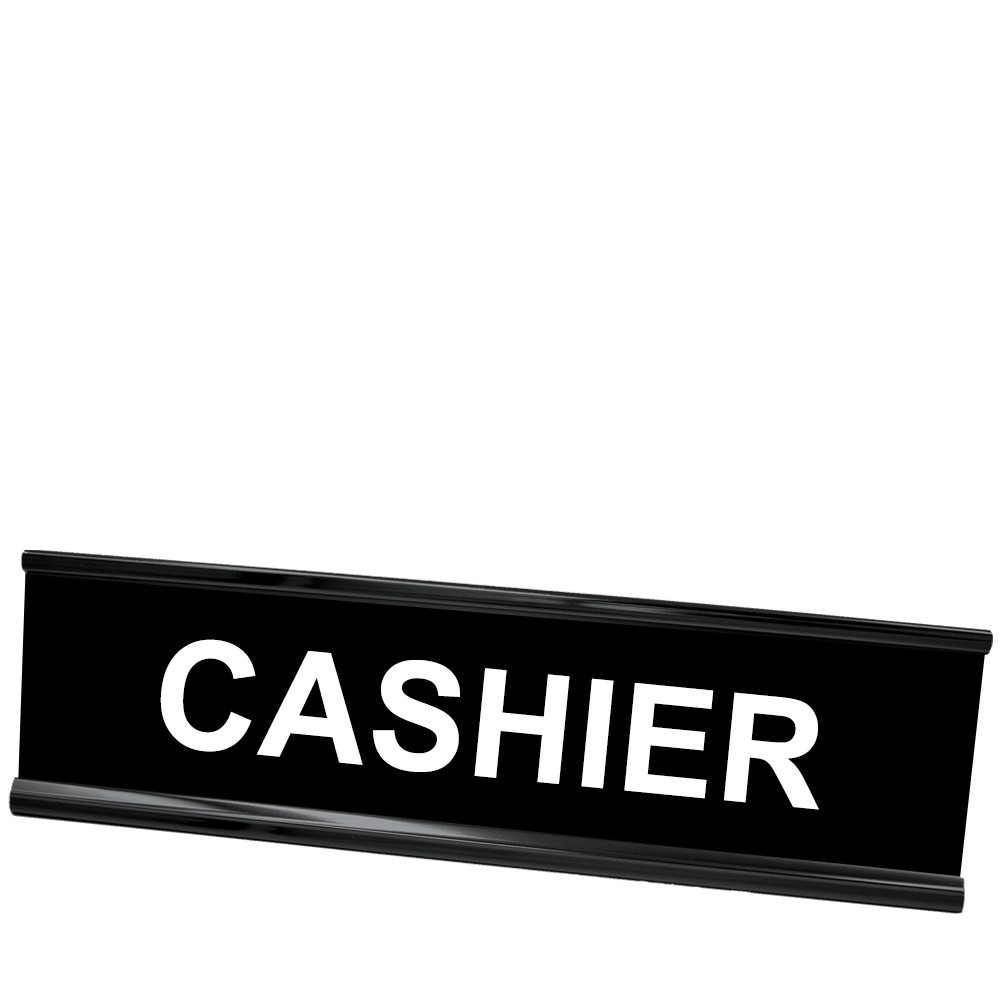 Desk Plate - Cashier - Black Frame - Black w/ White Text - 8W x 2H